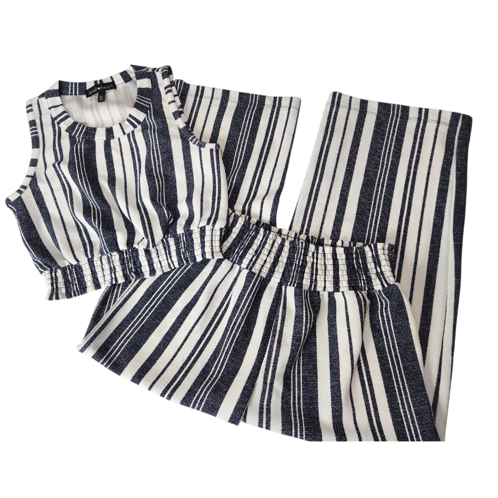 Derek Heart Ultra High Rise Wide Leg Pants Cropped Top Blue White Striped Set S